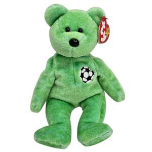 Ty Kicks Teddy Bear Soccer Green Retired Beanie Baby Stuffed Animal Plush Toy 6"